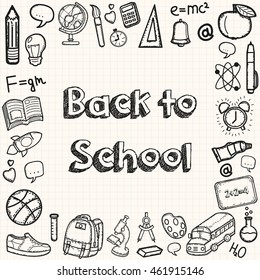 Back to School doodle set. Hand draw school items on a sheet of exercise book. Vector