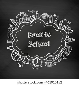 Back to School doodle set. Hand draw school items on a chalkboard. Vector