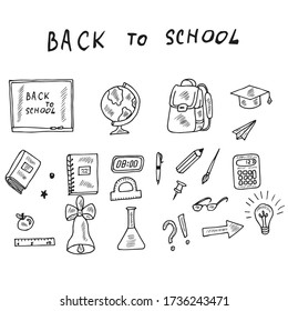 Back to school, doodle set, isolated on white background. Hand draw illustration in sketch style.