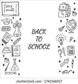 Back to school, doodle set, isolated on white background, border. Hand draw illustration in sketch style.