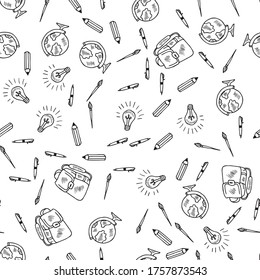 Back to school, doodle set, isolated on white background. Hand draw illustration in sketch style, seamless pattern. For packaging or wrapping paper. Wallpaper, paper, fabric, textile design.