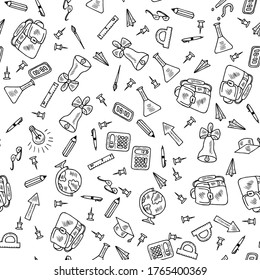 Back to school, doodle set, isolated on white background. Hand draw illustration in sketch style, seamless pattern. For packaging or wrapping paper. Wallpaper, paper, fabric, textile design.