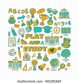 Back to School doodle set. Linear icons