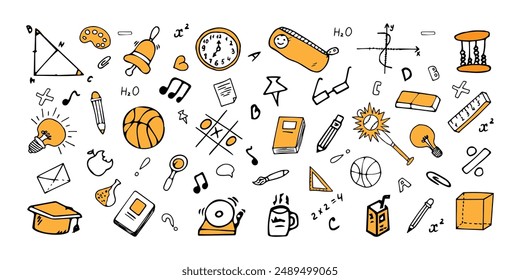 Back to School Doodle. Set Office Supplies. Collection of Education Elements. Vector Illustration Hand Drawn Icons, Book, Clock, Cube, Bulb, Basketball, Book, pen, notes, Brush, Magnifying glass.