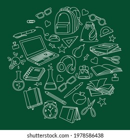 Back to School doodle set, sketch cartoon chalk board. Learning school icon outline collection. First day of school equipment education concept kit. Scissors, laptop, glasses book, paints vector
