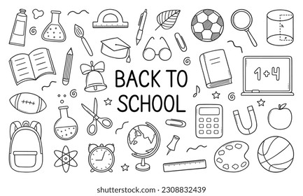 Back to school doodle set.  School supplies in sketch style. Hand drawn vector illustration isolated on white background