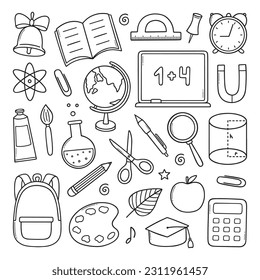 Back to school doodle set.  School supplies in sketch style. Hand drawn vector illustration isolated on white background