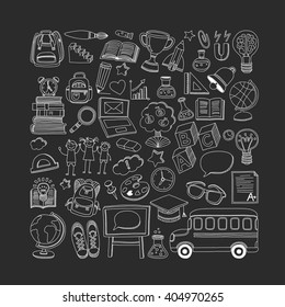 Back to School doodle set. Supplies for Sport Art Reading Science Geography Biology Physics Mathematics Astronomy Chemistry 