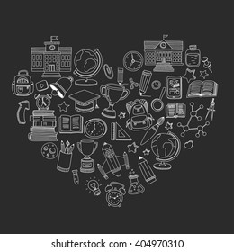 Back to School doodle set. Supplies for Sport Art Reading Science Geography Biology Physics Mathematics Astronomy Chemistry 