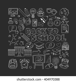 Back to School doodle set. Supplies for Sport Art Reading Science Geography Biology Physics Mathematics Astronomy Chemistry 