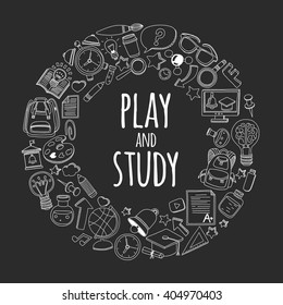 Back to School doodle set. Supplies for Sport Art Reading Science Geography Biology Physics Mathematics Astronomy Chemistry 