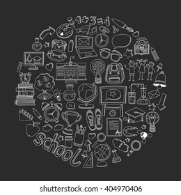 Back to School doodle set. Supplies for Sport Art Reading Science Geography Biology Physics Mathematics Astronomy Chemistry 