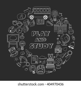 Back to School doodle set. Supplies for Sport Art Reading Science Geography Biology Physics Mathematics Astronomy Chemistry 