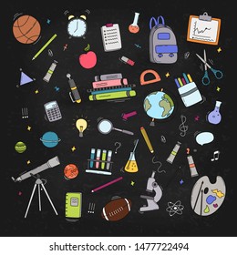 Back to School doodle set. Various school stuff - supplies for sport, art, reading, science, geography, biology, physics, mathematics, astronomy, chemistry. Vector isolated over black background.