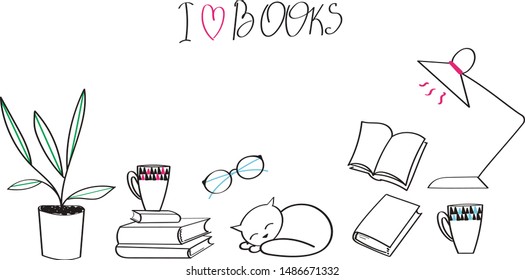 Back to School doodle set. Various school stuff for homework, table lamp, sleeping cat, cups, books, flower in a pot, glasses. Vector over white background.