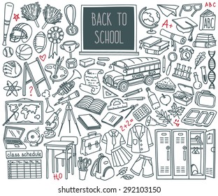 Back to School doodle set  Various school stuff    supplies for sport  art  reading  science  geography  biology  physics  mathematics  astronomy  chemistry  Vector isolated over white background 