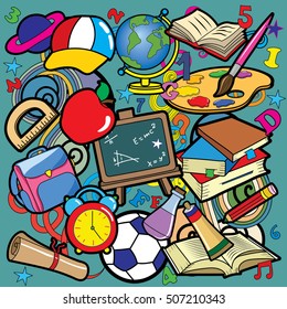 Back to School doodle set. Various school stuff - supplies for sport, art, reading, science, geography, biology, physics, mathematics, astronomy, chemistry