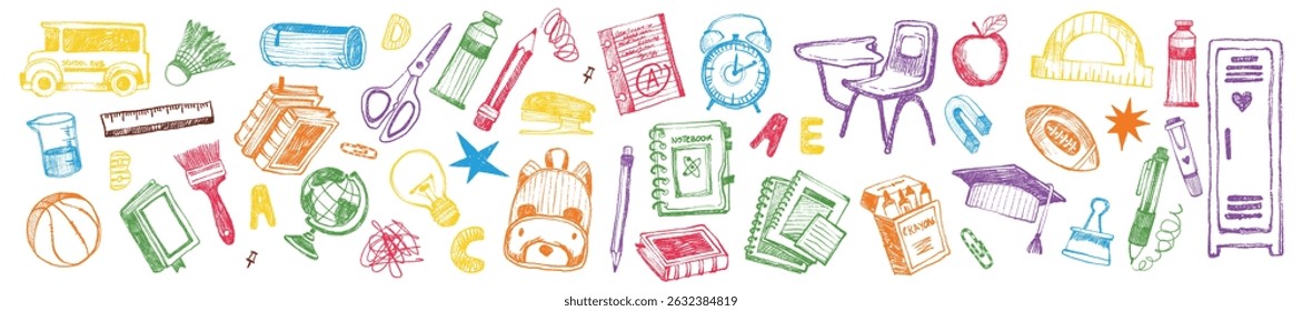 Back to school doodle set, vector hand drawn wax crayon kids education print, cartoon stationery. Colorful pencil student supply objects, backpack, classroom items. Cute back to school illustration