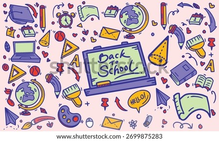 Back to school doodle set, vector hand drawn wax crayon kids education print, cartoon stationery. Colorful pencil student supply objects, backpack, classroom items. Cute back to school illustration