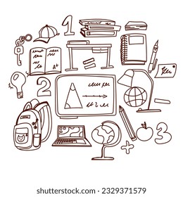Back to school. Doodle set. For School websites or blogs, Educational materials, textbooks, Classroom decorations, Digital or printable worksheets, Student agendas or planners. Vector.