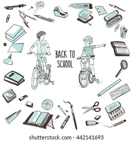 Back to School doodle set.Vector isolated over white background. A set of stationery for school and office in sketch style.