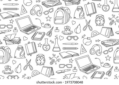 Back To School Doodle Sketch Cartoon Seamless Pattern. Learning School Line Textile. First Day Of School Equipment, Education Concept Icon. Scissors, Laptop, Glasses Book Backpack, Paints Vector