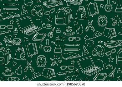 Back to School doodle sketch chalk board seamless pattern. Learning school line textile. First day of school equipment, Education concept icon. Chemistry, sketchbook, glasses, scissors office vector