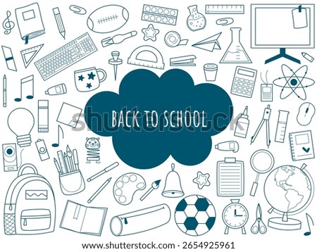 Back to school doodle sketch style illustration. Hand drawn collage of stationery items for school learning. Simple ink line icons of office supplies, vector elements