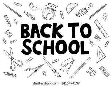 Back To School doodle with stationary tools. Vector illustration doodle on wide background. Hand drawn outline of stationary tools. For print, web, home decor, fashion, surface, graphic design