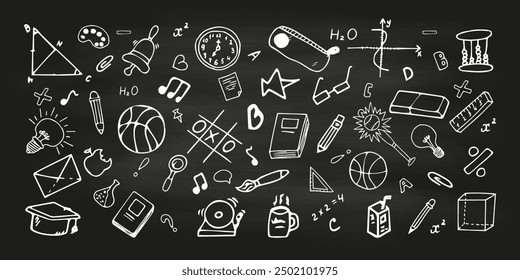 Back to School Doodle Stationery Set. School Elements Collection on Black Chalkboard. Vector Illustration Hand Drawn, Book, Clock, Cube, Light Bulb, Basketball, Book, Pen, Notes, Brush. 