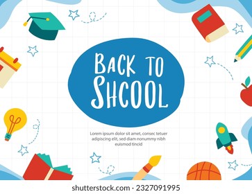 De vuelta al fondo del doodle escolar. Banner de objetos y símbolos dibujados a mano por la educación.