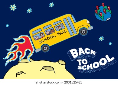 Back to School Doodle Style Creative Concept with School Bus Starting up from Moon to Earth with Funny Kids on Board - Stars and Logo Lettering on Dark Space Background - Vector Flat Graphic Style