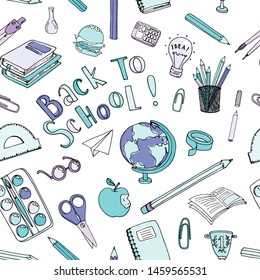 Back to school doodle style design. Black and blue seamless vector background for design on notebooks, diaries, albums or web sites of schools and education.