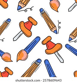 Back to school doodle style Hand Drawn. Stationery seamless vector pattren.