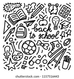 Back to school doodle style illustration. School bus, bagpack, pencil, rocket, sneaker, schoolboard etc Stock vector