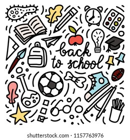 Back to school doodle style illustration. School bus, bagpack, pencil, rocket, sneaker, schoolboard etc Stock vector