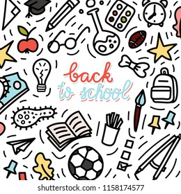 Back to school doodle style illustration. School bus, bagpack, pencil, rocket, sneaker, schoolboard etc Stock vector