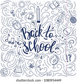 Back to school doodle style poster with elements and swirls
