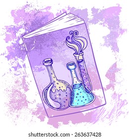 Back to school: Doodle style science laboratory beakers and test tubes illustration on a book's cover in vector
