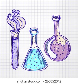 Back to school: Doodle style science laboratory beakers and test tubes illustration in vector
