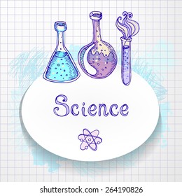 Back to school: Doodle style science laboratory beakers and test tubes illustration. Vector frame