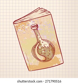 Back to school: Doodle style science laboratory beakers and test tubes illustration on a book's cover in vector