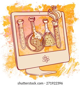 Back to school: Doodle style science laboratory beakers and test tubes illustration on computer screen in vector