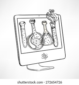 Back to school: Doodle style science laboratory beakers and test tubes illustration on computer screen in vector