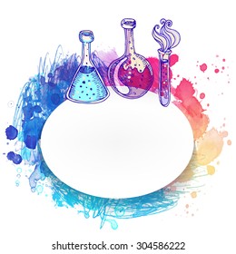 Back to school: Doodle style science laboratory beakers and test tubes illustration. Vector frame