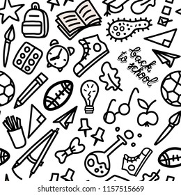 Back to school doodle style seamless pattern. School bus, bagpack, pencil, rocket, sneaker, schoolboard etc. Stock vector