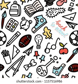 Back to school doodle style seamless pattern. School bus, bagpack, pencil, rocket, sneaker, schoolboard etc. Stock vector
