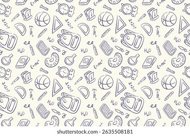 De volta à escola estilo doodle sem costura padrão. Desenhado à mão projeto de ilustração estacionária em um fundo bege para o pacote, fundo.