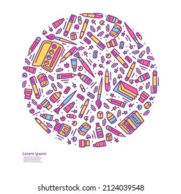 Back to school doodle style template. Stationery vector isolated illustration