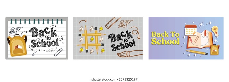 Back to School with doodle. Tic tac toe game with pencil and light bulb. Backpack with school supplies. Back To School concept. Set flat vector illustration.
